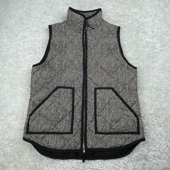 J Crew Excursion Quilted Puffer Vest Black Ivory Herringbone - Picture 3 of 14